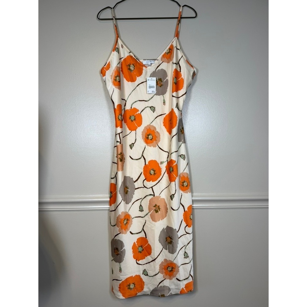 Versona Slip Dress Women XL Orange Multi NWT Floral Poppy Satin Midi
